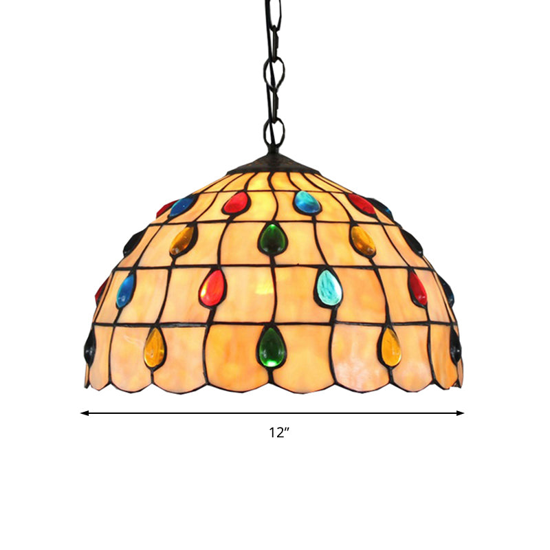 1 Light Stair Pendant Lighting Tiffany Beige Hanging Ceiling Light with Beaded Stained Glass Shade Clearhalo 'Ceiling Lights' 'Industrial' 'Middle Century Pendants' 'Pendant Lights' 'Pendants' 'Tiffany close to ceiling' 'Tiffany Pendants' 'Tiffany' Lighting' 172676