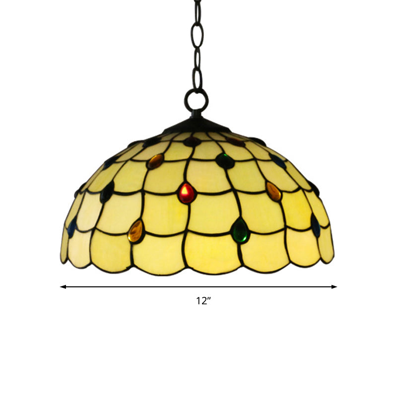 1 Light Stair Pendant Lighting Tiffany Beige Hanging Ceiling Light with Beaded Stained Glass Shade Clearhalo 'Ceiling Lights' 'Industrial' 'Middle Century Pendants' 'Pendant Lights' 'Pendants' 'Tiffany close to ceiling' 'Tiffany Pendants' 'Tiffany' Lighting' 172680