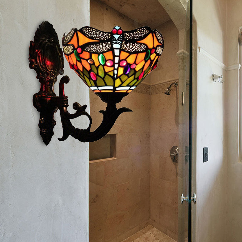 Dragonfly Sconce Light Stained Glass 1 Lights Rustic Wall Mount Light in Blue/Orange for Bedroom Clearhalo 'Industrial' 'Middle century wall lights' 'Tiffany wall lights' 'Tiffany' 'Wall Lamps & Sconces' 'Wall Lights' Lighting' 172712