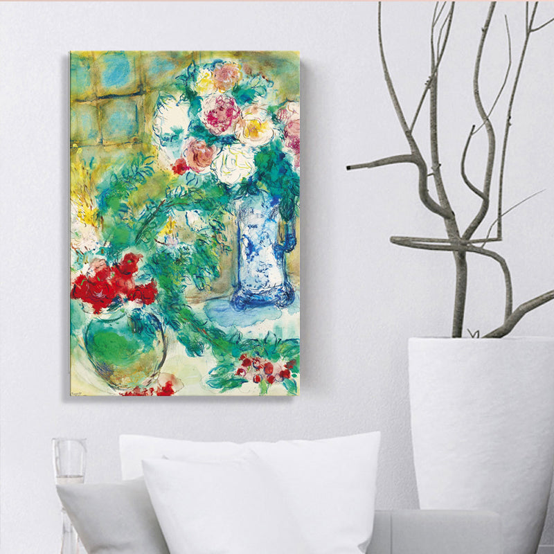 Green Flower and Vase Painting Drawing French Rustic Textured Canvas for Playroom Green Clearhalo 'Arts' 'Canvas Art' 1727123