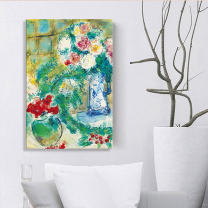 Green Flower and Vase Painting Drawing French Rustic Textured Canvas for Playroom Green Clearhalo 'Arts' 'Canvas Art' 1727123