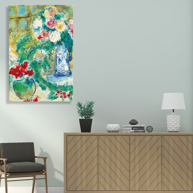 Green Flower and Vase Painting Drawing French Rustic Textured Canvas for Playroom Clearhalo 'Arts' 'Canvas Art' 1727124