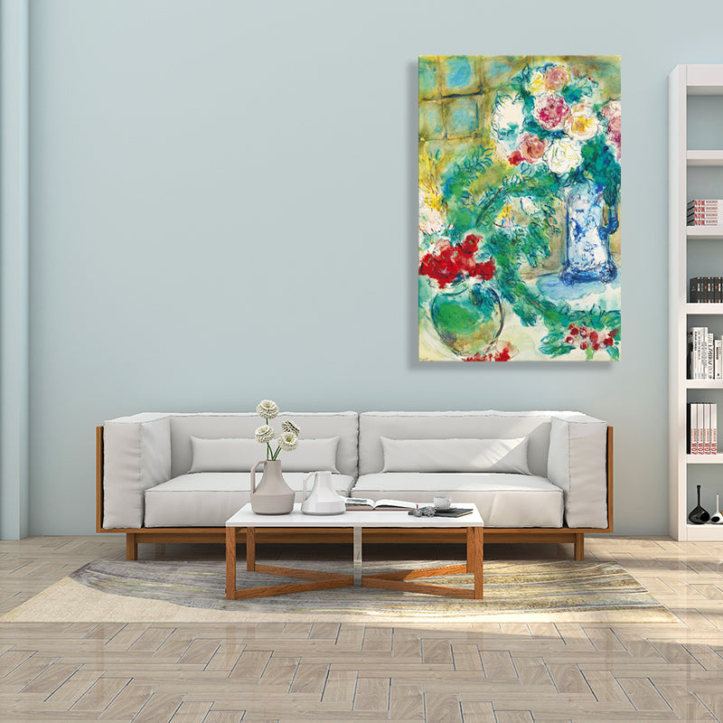 Green Flower and Vase Painting Drawing French Rustic Textured Canvas for Playroom Clearhalo 'Arts' 'Canvas Art' 1727125
