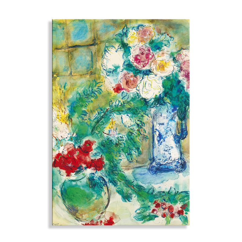 Green Flower and Vase Painting Drawing French Rustic Textured Canvas for Playroom