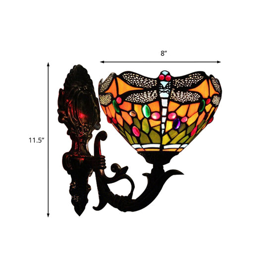 Dragonfly Sconce Light Stained Glass 1 Lights Rustic Wall Mount Light in Blue/Orange for Bedroom Clearhalo 'Industrial' 'Middle century wall lights' 'Tiffany wall lights' 'Tiffany' 'Wall Lamps & Sconces' 'Wall Lights' Lighting' 172714