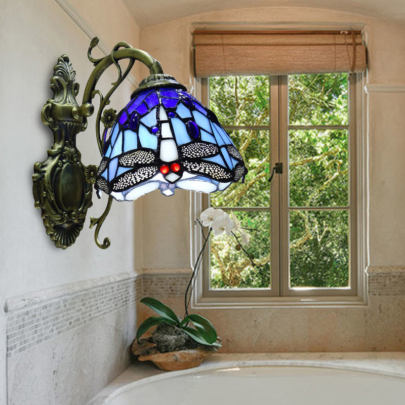 Dragonfly Sconce Light Stained Glass 1 Lights Rustic Wall Mount Light in Blue/Orange for Bedroom Blue Clearhalo 'Industrial' 'Middle century wall lights' 'Tiffany wall lights' 'Tiffany' 'Wall Lamps & Sconces' 'Wall Lights' Lighting' 172715