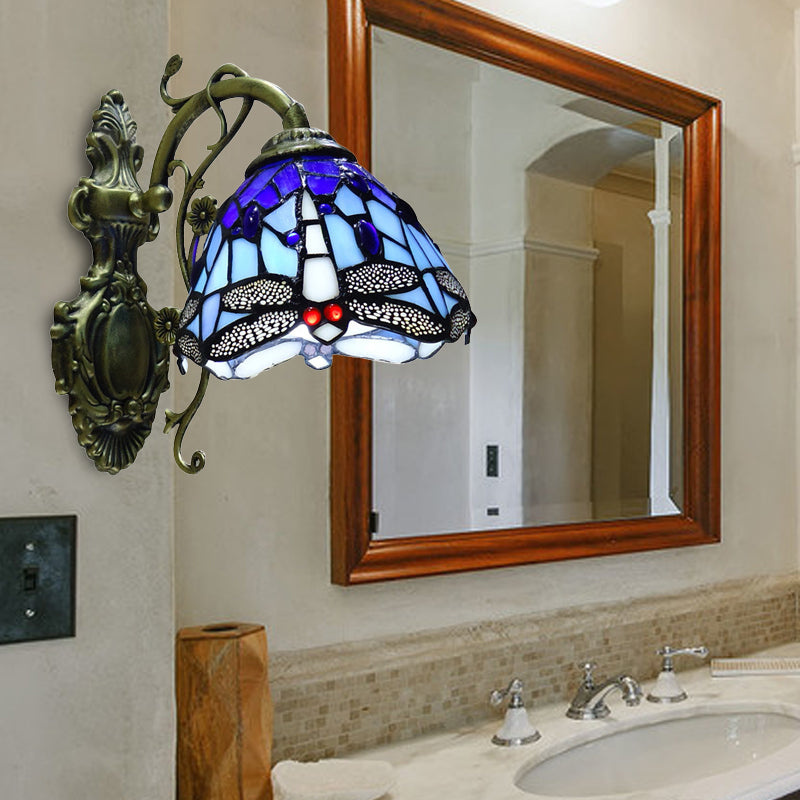 Dragonfly Sconce Light Stained Glass 1 Lights Rustic Wall Mount Light in Blue/Orange for Bedroom Clearhalo 'Industrial' 'Middle century wall lights' 'Tiffany wall lights' 'Tiffany' 'Wall Lamps & Sconces' 'Wall Lights' Lighting' 172716