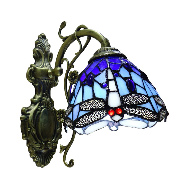Dragonfly Sconce Light Stained Glass 1 Lights Rustic Wall Mount Light in Blue/Orange for Bedroom Clearhalo 'Industrial' 'Middle century wall lights' 'Tiffany wall lights' 'Tiffany' 'Wall Lamps & Sconces' 'Wall Lights' Lighting' 172717