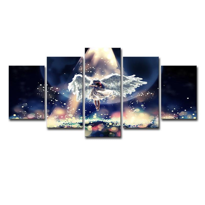 Fantasy Firefly and Angel Canvas Cartoon Multi-Piece Wall Art in Black-Blue Clearhalo 'Art Gallery' 'Canvas Art' 'Kids' Arts' 1727195