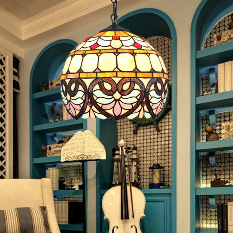 Tiffany Pendant Lights for Ceiling with Adjustable Chain Stained Glass Globe Shade Hanging Lamp Brown Clearhalo 'Ceiling Lights' 'Close To Ceiling Lights' 'Industrial' 'Middle Century Pendants' 'Pendant Lights' 'Pendants' 'Tiffany close to ceiling' 'Tiffany Pendants' 'Tiffany' Lighting' 172740