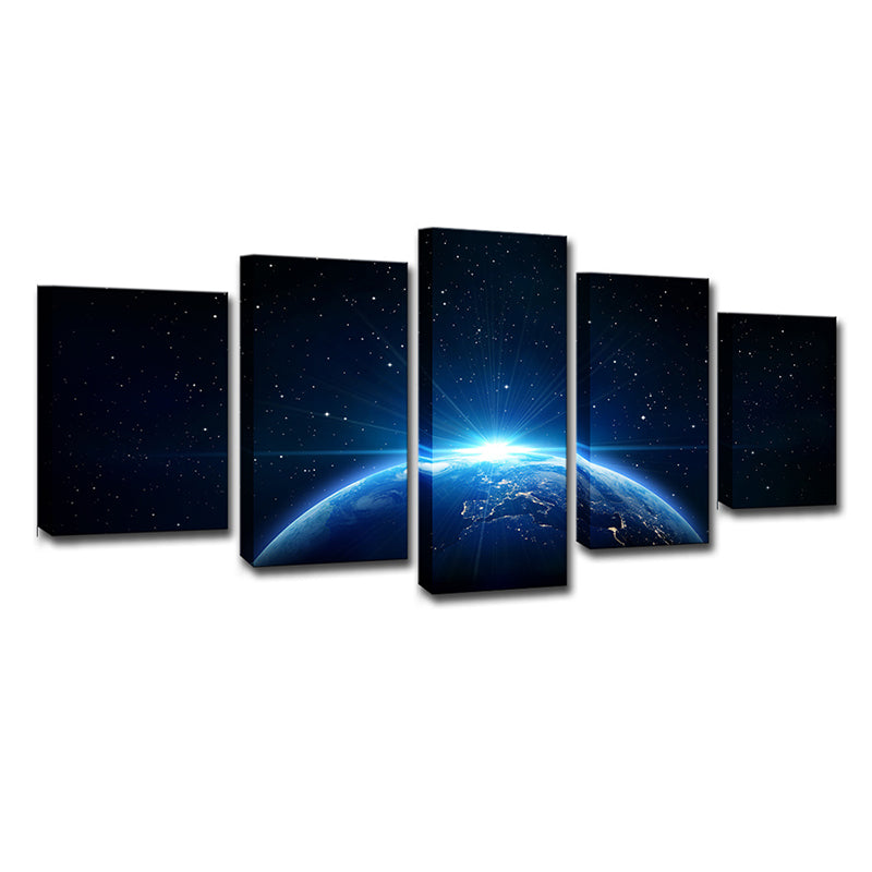 Planet and Starry Sky Canvas Art Science Fiction Multi-Piece Wall Decor in Blue for Kids Room Clearhalo 'Art Gallery' 'Canvas Art' 'Kids' Arts' 1727529