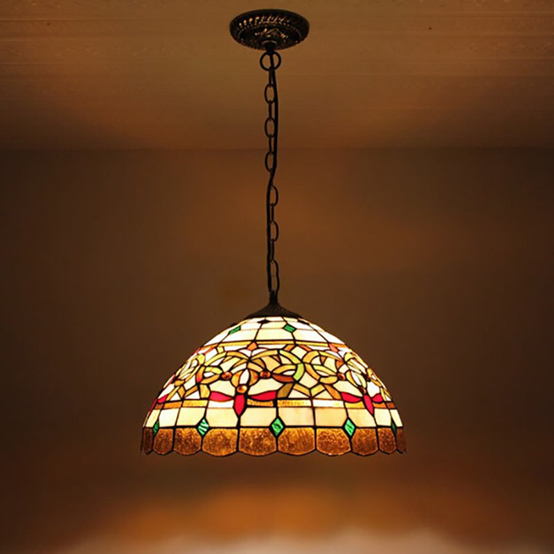 Glass Pendant Light with Hanging Chain Domed Medium Ceiling Fixture in Antique Brass Baroque Style Brown Clearhalo 'Ceiling Lights' 'Chandeliers' 'Industrial' 'Middle Century Pendants' 'Pendant Lights' 'Pendants' 'Tiffany close to ceiling' 'Tiffany Pendants' 'Tiffany' Lighting' 172765