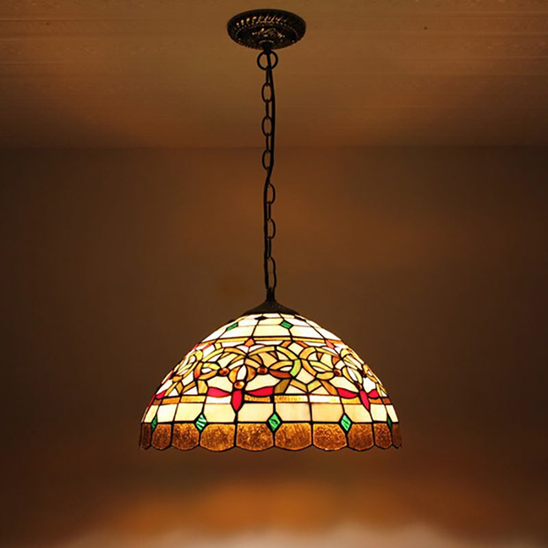 Glass Pendant Light with Hanging Chain Domed Medium Ceiling Fixture in Antique Brass Baroque Style Brown Clearhalo 'Ceiling Lights' 'Chandeliers' 'Industrial' 'Middle Century Pendants' 'Pendant Lights' 'Pendants' 'Tiffany close to ceiling' 'Tiffany Pendants' 'Tiffany' Lighting' 172765