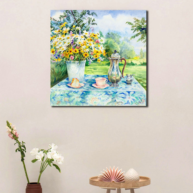 Impressionisme bloemen en kopjes canvas lichte kleur textured schilderij voor eetkamer