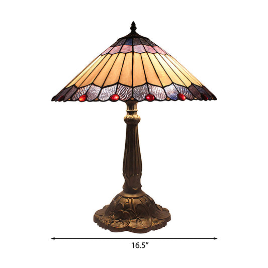 Traditional Vintage Blue/Yellow Cone Table Lighting Stained Glass 1 Light Table Lamp for Bedroom Clearhalo 'Lamps' 'Table Lamps' Lighting' 172772