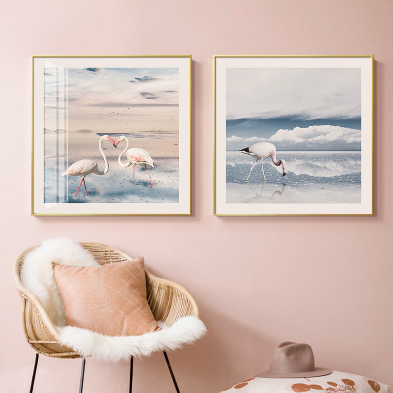 Sea and Flamingo Scenery Painting Tropical Style Canvas Wall Print, Multiple Sizes Clearhalo 'Art Gallery' 'Canvas Art' 'Coastal Art Gallery' 'Tropical' Arts' 1727901