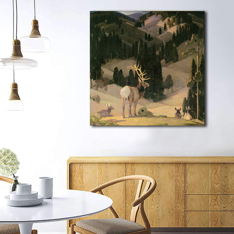 Brown Field Reindeer Painting Textured Impressionism Style Dining Room Wall Decor Brown Clearhalo 'Arts' 'Canvas Art' 1727912