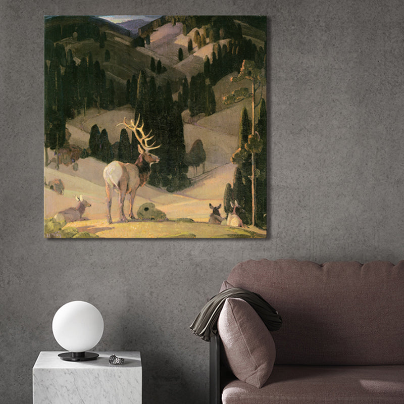 Brown Field Reindeer Painting Textured Impressionism Style Dining Room Wall Decor Clearhalo 'Arts' 'Canvas Art' 1727913