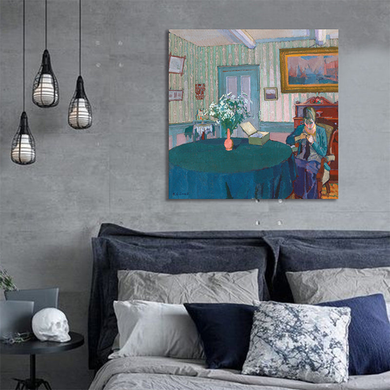 Sewing Women Painting Blue Canvas Wall Art Print Textured, Multiple Sizes Available Clearhalo 'Arts' 'Canvas Art' 1727943