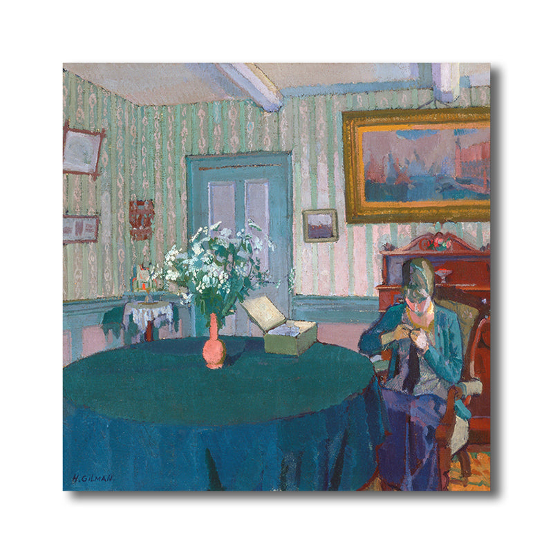 Sewing Women Painting Blue Canvas Wall Art Print Textured, Multiple Sizes Available Clearhalo 'Arts' 'Canvas Art' 1727944