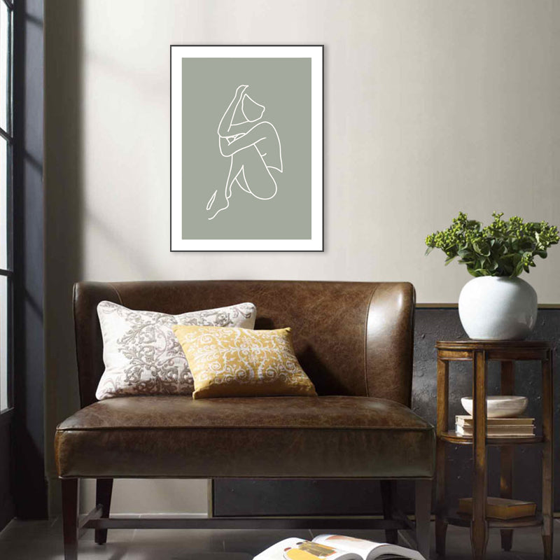 Minimalism Line Drawing Woman Canvas Green-White Textured Wall Art Print for Room Green Clearhalo 'Art Gallery' 'Canvas Art' 'Contemporary Art Gallery' 'Contemporary Art' 'Minimalism' 'Minimalist Art Gallery' 'Scandinavian' Arts' 1727983