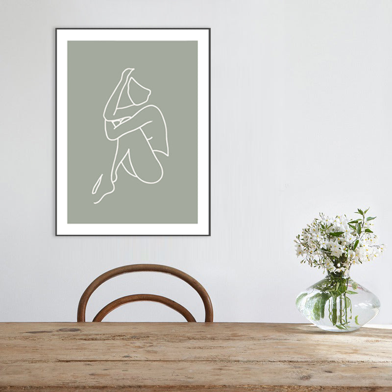 Minimalism Line Drawing Woman Canvas Green-White Textured Wall Art Print for Room Clearhalo 'Art Gallery' 'Canvas Art' 'Contemporary Art Gallery' 'Contemporary Art' 'Minimalism' 'Minimalist Art Gallery' 'Scandinavian' Arts' 1727984