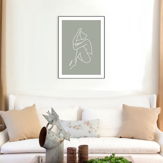 Minimalism Line Drawing Woman Canvas Green-White Textured Wall Art Print for Room Clearhalo 'Art Gallery' 'Canvas Art' 'Contemporary Art Gallery' 'Contemporary Art' 'Minimalism' 'Minimalist Art Gallery' 'Scandinavian' Arts' 1727985