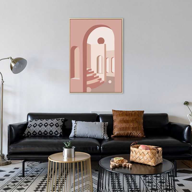 Nordic Style Teenagers Painting Building in Light Color Wall Decor, Multiple Sizes Pink Clearhalo 'Arts' 'Canvas Art' 1728003