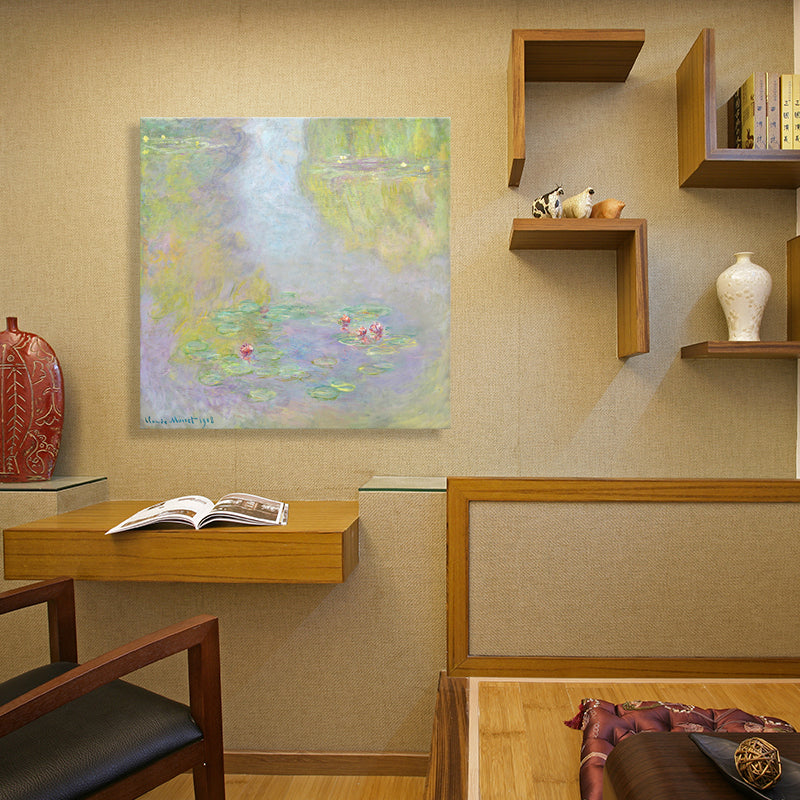 Green Lotus Flowers Scenery Canvas Textured French Rustic Style Bathroom Painting Green Design 1 Clearhalo 'Arts' 'Canvas Art' 1728283