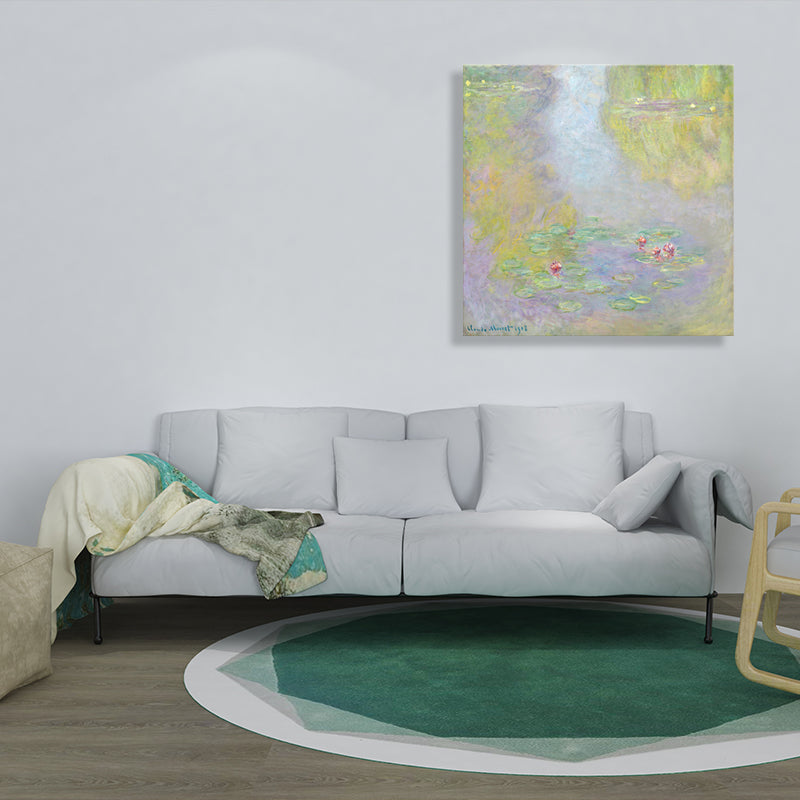 Green Lotus Flowers Scenery Canvas Textured French Rustic Style Bathroom Painting Clearhalo 'Arts' 'Canvas Art' 1728284