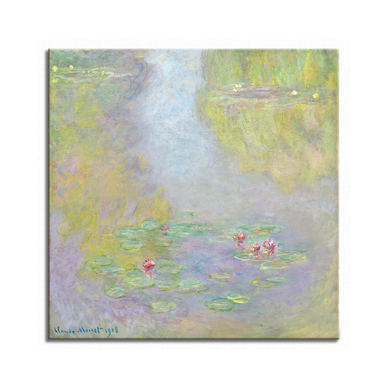 Green Lotus Flowers Scenery Canvas Textured French Rustic Style Bathroom Painting Clearhalo 'Arts' 'Canvas Art' 1728286