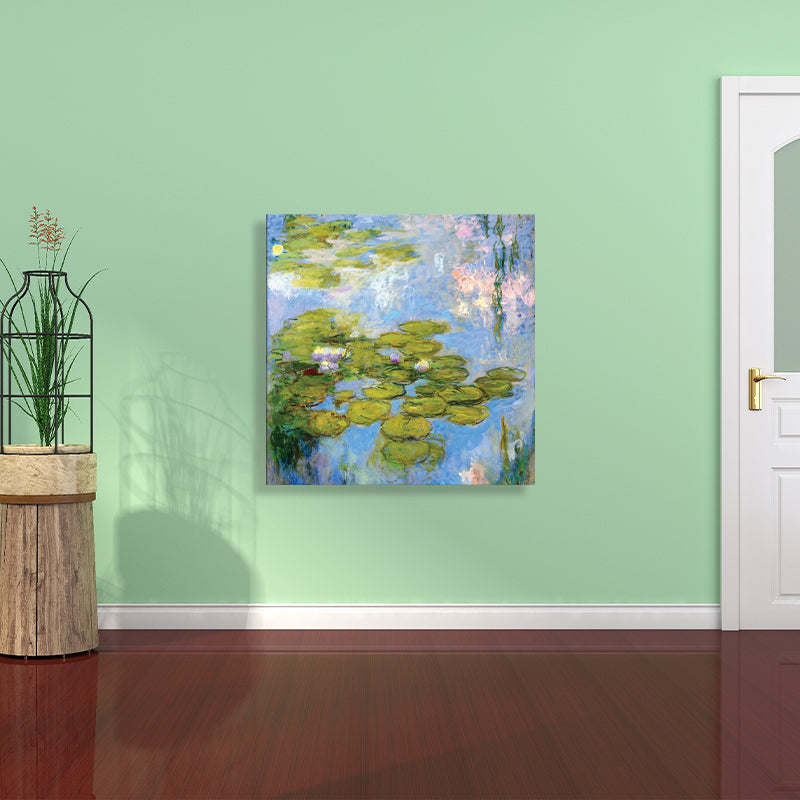 Green Lotus Flowers Scenery Canvas Textured French Rustic Style Bathroom Painting Clearhalo 'Arts' 'Canvas Art' 1728291