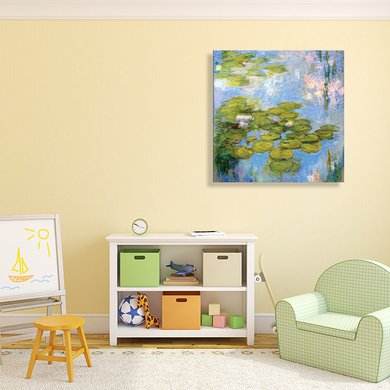 Green Lotus Flowers Scenery Canvas Textured French Rustic Style Bathroom Painting Clearhalo 'Arts' 'Canvas Art' 1728292