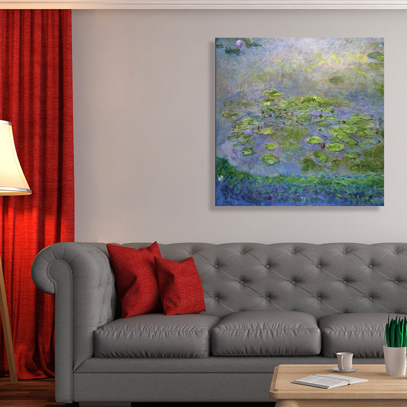 Green Lotus Flowers Scenery Canvas Textured French Rustic Style Bathroom Painting Clearhalo 'Arts' 'Canvas Art' 1728295