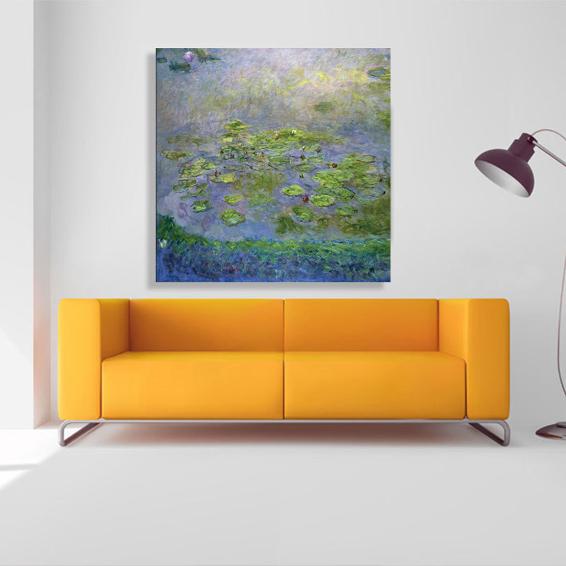 Green Lotus Flowers Scenery Canvas Textured French Rustic Style Bathroom Painting Clearhalo 'Arts' 'Canvas Art' 1728296