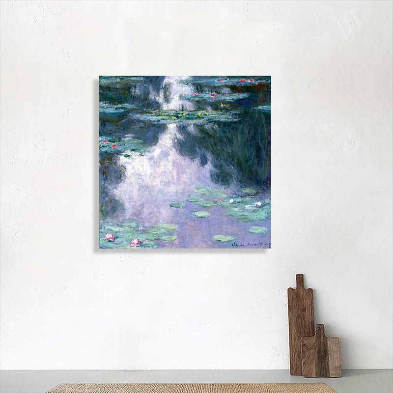 Green Lotus Flowers Scenery Canvas Textured French Rustic Style Bathroom Painting Clearhalo 'Arts' 'Canvas Art' 1728299