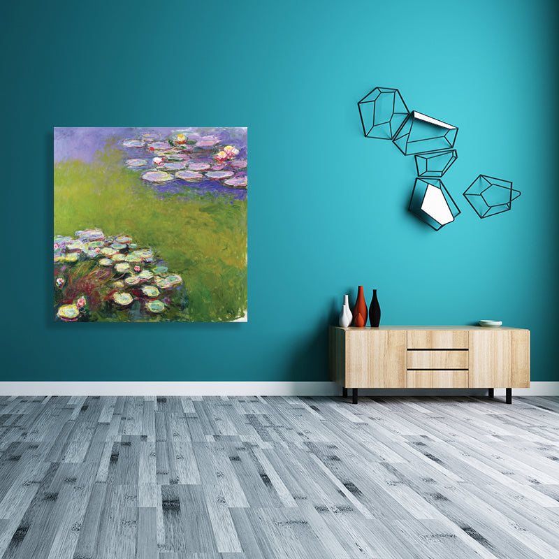 Green Lotus Flowers Scenery Canvas Textured French Rustic Style Bathroom Painting Clearhalo 'Arts' 'Canvas Art' 1728303