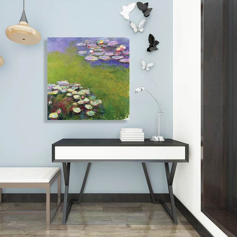 Green Lotus Flowers Scenery Canvas Textured French Rustic Style Bathroom Painting Clearhalo 'Arts' 'Canvas Art' 1728304