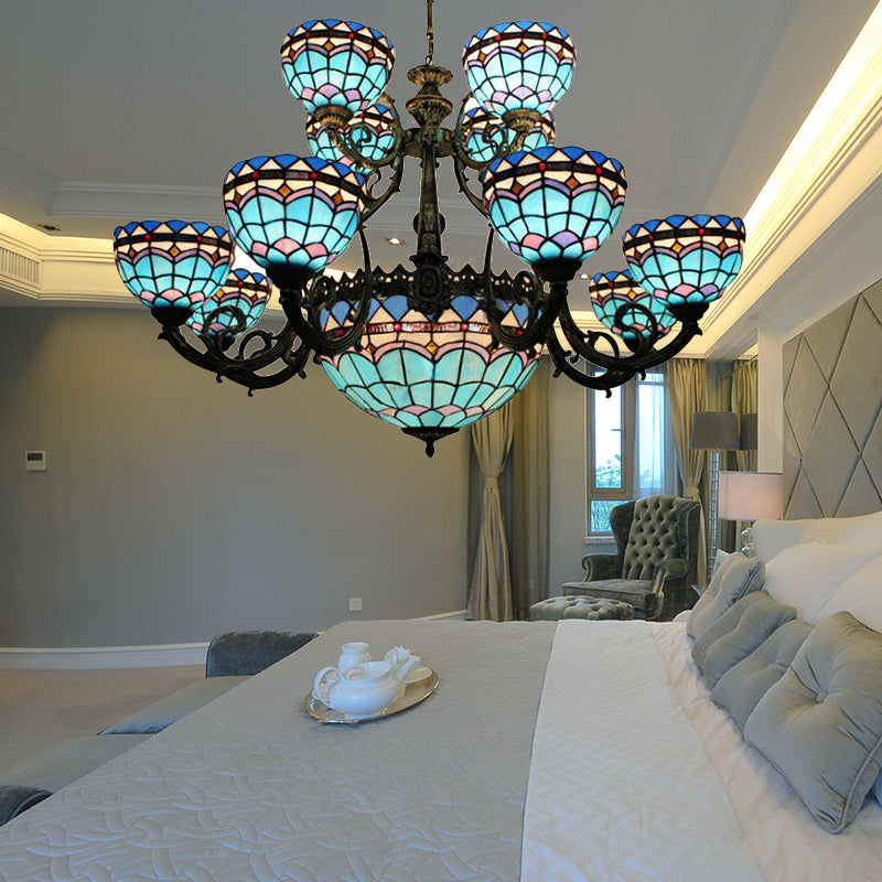 Tiffany Style Blue Chandelier 13/26 Lights Floral and Domed Ceiling Light for Dining Room 13 Blue Clearhalo 'Ceiling Lights' 'Chandeliers' 'Close To Ceiling Lights' 'Industrial' 'Middle Century Chandeliers' 'Tiffany Chandeliers' 'Tiffany close to ceiling' 'Tiffany' Lighting' 172839