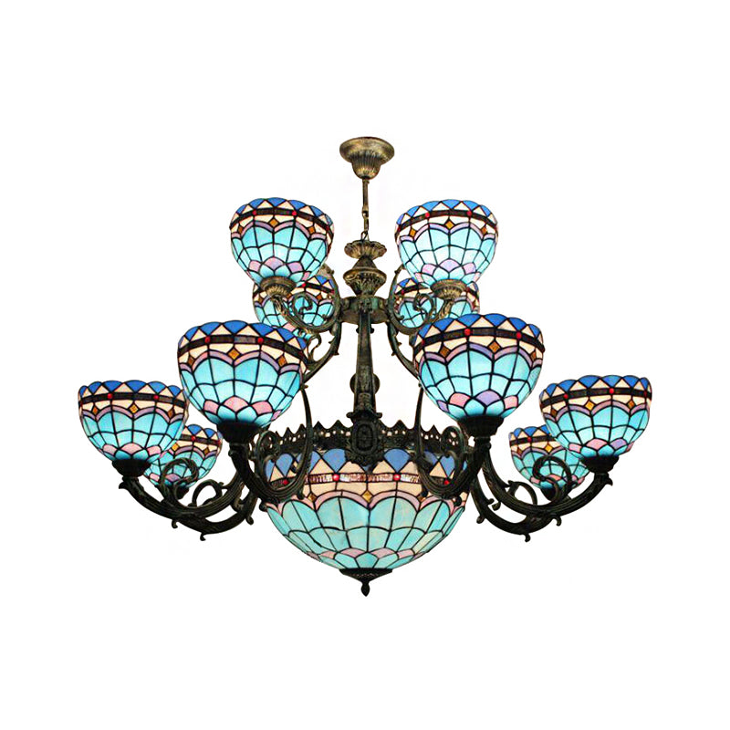 Tiffany Style Blue Chandelier 13/26 Lights Floral and Domed Ceiling Light for Dining Room Clearhalo 'Ceiling Lights' 'Chandeliers' 'Close To Ceiling Lights' 'Industrial' 'Middle Century Chandeliers' 'Tiffany Chandeliers' 'Tiffany close to ceiling' 'Tiffany' Lighting' 172841