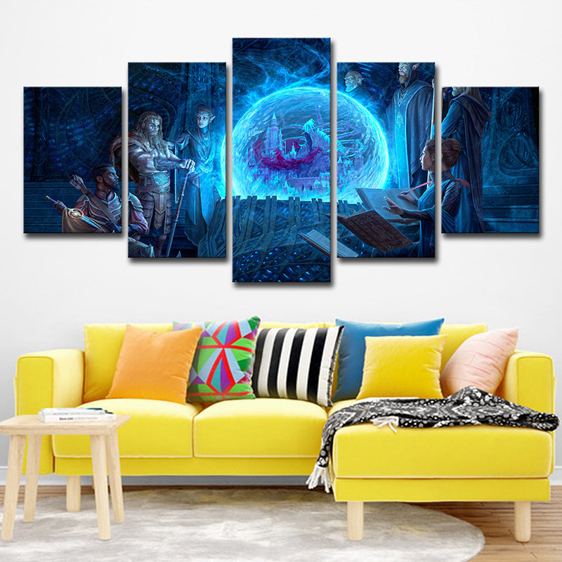 Digital Print Cartoon Canvas Wall Art with the Elder Scrolls Scheming Scene in Blue Clearhalo 'Art Gallery' 'Canvas Art' 'Kids' Arts' 1728420