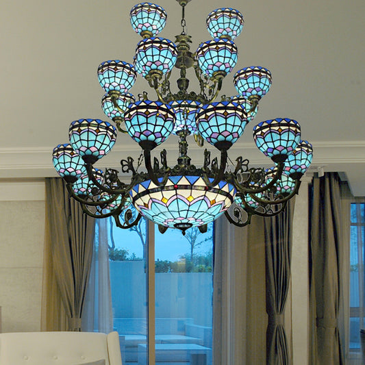Tiffany Style Blue Chandelier 13/26 Lights Floral and Domed Ceiling Light for Dining Room 26 Blue Clearhalo 'Ceiling Lights' 'Chandeliers' 'Close To Ceiling Lights' 'Industrial' 'Middle Century Chandeliers' 'Tiffany Chandeliers' 'Tiffany close to ceiling' 'Tiffany' Lighting' 172844