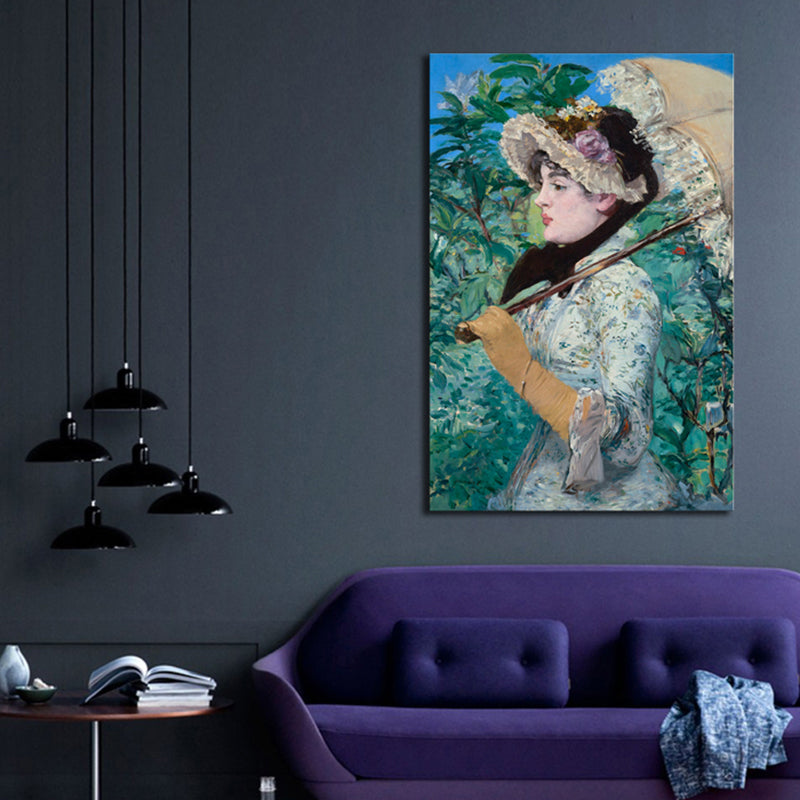 印象派帽子乙女アートプリントキャンバステクスチャードグリーン壁装飾
