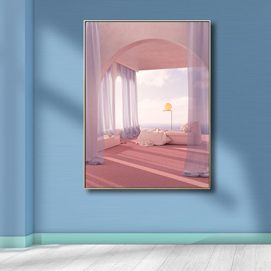 Curtain and Window Scene Canvas for Dining Room in Light Color, Multiple Sizes Options Clearhalo 'Art Gallery' 'Canvas Art' 'Contemporary Art Gallery' 'Modern' Arts' 1728503
