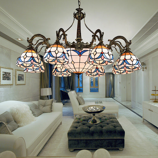 Multi Light Dome Chandelier Lighting with Metal Chain Stained Glass Tiffany Pendant Lighting Blue Clearhalo 'Ceiling Lights' 'Chandeliers' 'Close To Ceiling Lights' 'Industrial' 'Middle Century Chandeliers' 'Tiffany Chandeliers' 'Tiffany close to ceiling' 'Tiffany' Lighting' 172851