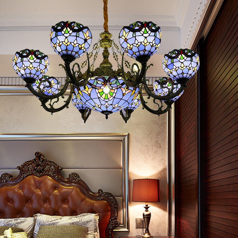 9/11/13 Lights Tiffany Stained Glass Chandelier Hanging Fixture in Blue with Bell and Dome Shade for Living Room Clearhalo 'Ceiling Lights' 'Chandeliers' 'Industrial' 'Middle Century Chandeliers' 'Tiffany Chandeliers' 'Tiffany close to ceiling' 'Tiffany' Lighting' 172874