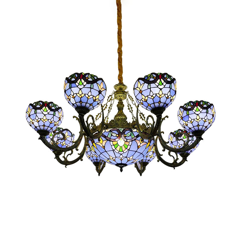 9/11/13 Lights Tiffany Stained Glass Chandelier Hanging Fixture in Blue with Bell and Dome Shade for Living Room Clearhalo 'Ceiling Lights' 'Chandeliers' 'Industrial' 'Middle Century Chandeliers' 'Tiffany Chandeliers' 'Tiffany close to ceiling' 'Tiffany' Lighting' 172875
