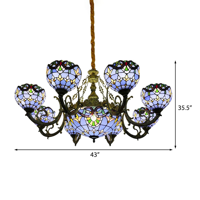 9/11/13 Lights Tiffany Stained Glass Chandelier Hanging Fixture in Blue with Bell and Dome Shade for Living Room Clearhalo 'Ceiling Lights' 'Chandeliers' 'Industrial' 'Middle Century Chandeliers' 'Tiffany Chandeliers' 'Tiffany close to ceiling' 'Tiffany' Lighting' 172876