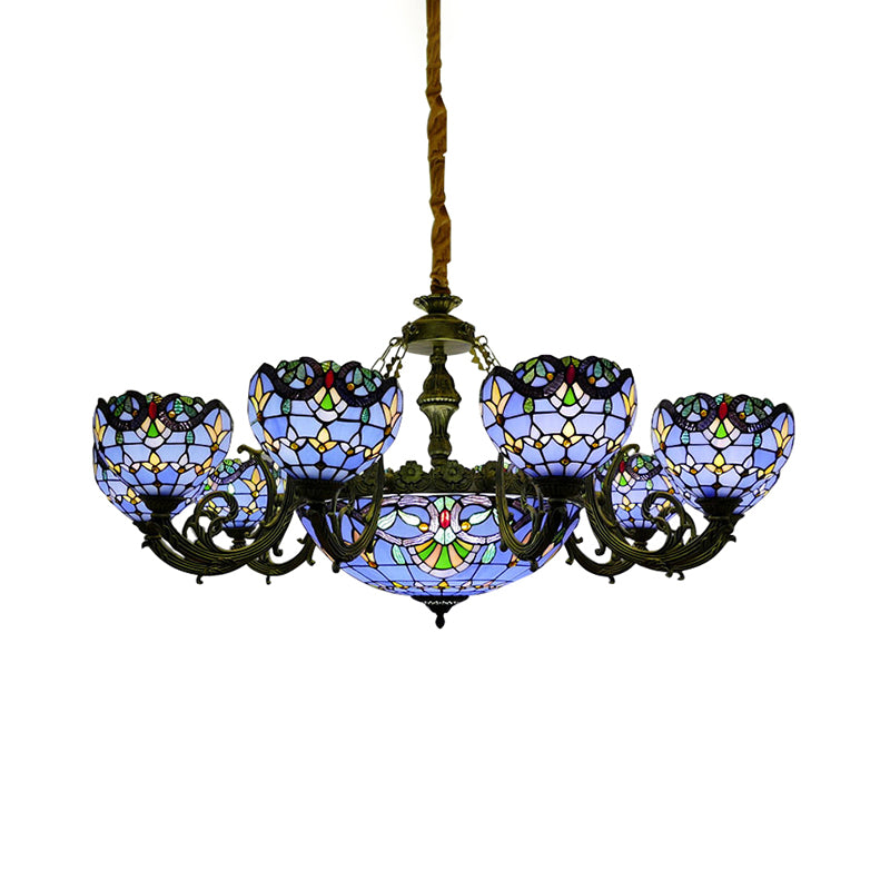 9/11/13 Lights Tiffany Stained Glass Chandelier Hanging Fixture in Blue with Bell and Dome Shade for Living Room Clearhalo 'Ceiling Lights' 'Chandeliers' 'Industrial' 'Middle Century Chandeliers' 'Tiffany Chandeliers' 'Tiffany close to ceiling' 'Tiffany' Lighting' 172878