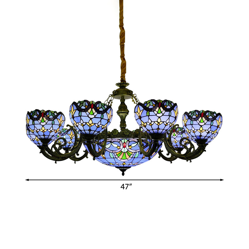 9/11/13 Lights Tiffany Stained Glass Chandelier Hanging Fixture in Blue with Bell and Dome Shade for Living Room Clearhalo 'Ceiling Lights' 'Chandeliers' 'Industrial' 'Middle Century Chandeliers' 'Tiffany Chandeliers' 'Tiffany close to ceiling' 'Tiffany' Lighting' 172879